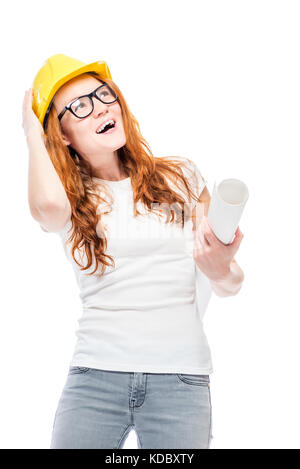 Cheerful woman en casque jaune en studio posing Banque D'Images