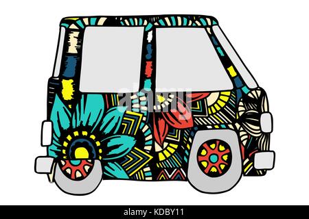 Funny car un mini-van pour des profils anti stress. page à colorier avec des détails. faites par tracé à partir de croquis. vector illustration couleur hippie. Illustration de Vecteur