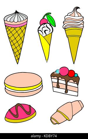 Les pâtisseries gâteaux et glaces icon set avec un cornet de crème glacée gâteau cupcake sucette et cookies donuts milkshake dessert et lollipop avec du glaçage et cherr Illustration de Vecteur