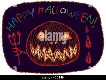 'Happy Halloween' crayon de cire comme vecteur de style de dessins d'enfants ou à la citrouille jack-o'-lantern. utile comme carte de vœux, bannière, flyer etc. Illustration de Vecteur