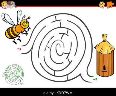 Cartoon illustration de l'enseignement ou l'activité Labyrinthe Labyrinthe jeu pour les enfants avec des insectes abeille ruche et caractère Illustration de Vecteur