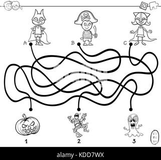 Illustration cartoon noir et blanc des chemins ou activité puzzle labyrinthe jeu avec les enfants et les personnages de l'halloween Coloring Book Illustration de Vecteur