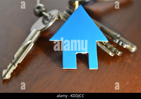 Clé d'argent avec blue house figure sur fond de bois Banque D'Images