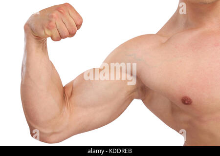 La force des muscles biceps bodybuilding bodybuilder une forte puissance musculaire de l'homme isolé sur fond blanc Banque D'Images