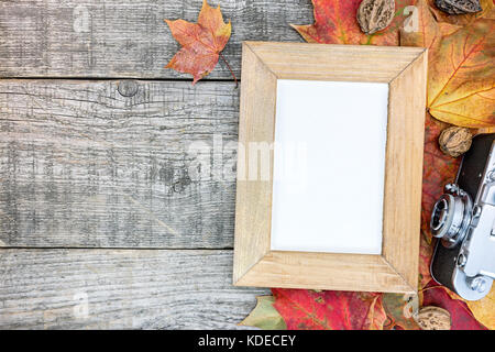 Grunge background avec des feuilles d'automne flétri, rétro cadre photo et caméra Banque D'Images