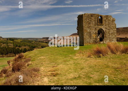 Skelton, le ruines romantiques d'une folie sur Levisham Moor, donnant sur Newtondale et le North Yorkshire Moors Railway. Banque D'Images