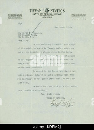 Lettre de Hugh White, Tiffany Studios, 347 à 355 Madison Avenue à l'angle de quarante cinquième Street, New York, à M. David R. Francis c o Francis Bros., Saint Louis, Mo., 24 mai 1913 Banque D'Images