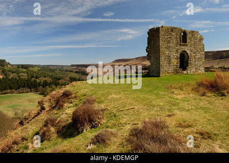 Skelton, le ruines romantiques d'une folie sur Levisham Moor, donnant sur Newtondale et le North Yorkshire Moors Railway. Banque D'Images