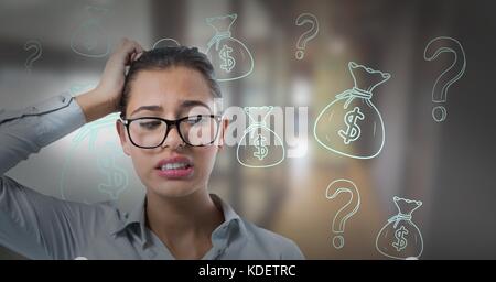 Digital composite of frustrated woman avec les icônes des finances Banque D'Images