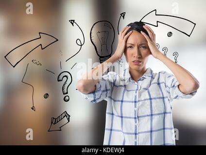 Digital composite of frustrated woman with question marks Banque D'Images