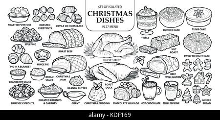 Ensemble de plats de Noël traditionnels isolés dans 27 menu. cute hand drawn vector illustration dans un cadre gris foncé et avion blanc sur fond blanc. Illustration de Vecteur