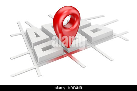 Pointeur de carte rouge sur avion de ville concept de navigation 3D render illustration isolé sur fond blanc Banque D'Images