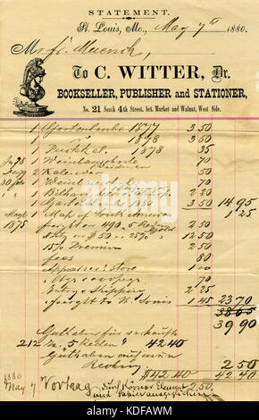 Facture pour livres à Fr. (Friedrich) Muench de C. Witter, Dr libraire, éditeur et papetier, n° 21, 4e Rue Sud, pari. Marché et noyer, côté ouest, Saint Louis, Missouri, le 7 mai 1880 Banque D'Images