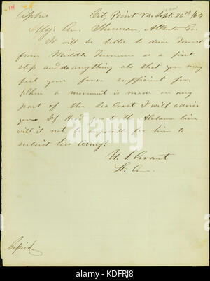 Lettre signée U.S. Grant, City Point, en Virginie, au major général Sherman (William T. Sherman), Atlanta, Géorgie, le 26 septembre 1864 Banque D'Images