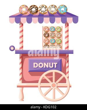 Modèle plat vector illustration of donuts. voiture rétro mobile vintage shop truck icône avec pancarte à gros donut avec glaçage savoureux. van vue latérale, iso Illustration de Vecteur