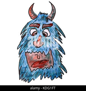 Blue Monster poilu avec cornes aquarelle dessin dessin animé isolé sur fond blanc Banque D'Images