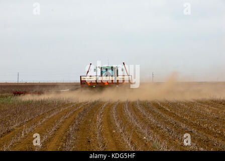 Tracteur John Deere avec un coton de plantation 24 Case ih de rangs du semoir pour semis direct d'air en coton Banque D'Images