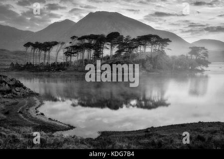 Lever du soleil sur le lac Loch/derryclare avec certains des 12 montagnes ben. Le comté de Galway, le Connemara, Irlande Banque D'Images