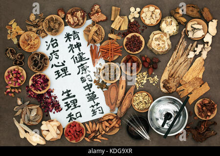 La médecine de fines herbes chinoise avec des herbes, des bâtonnets de moxa utilisés dans la thérapie et la moxibustion acupuncture avec la calligraphie manuscrit sur papier de riz. Banque D'Images