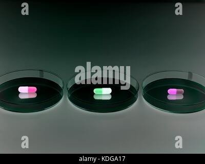 Comprimés dans la boîte de Pétri illustrant la recherche sur les médicaments et les essais cliniques. Banque D'Images