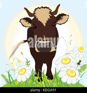 Vache sur champ vert, l'herbe et de fleurs, vector illustration Illustration de Vecteur