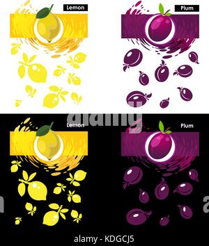 Définir l'icône étiquette de citron et prune sur fond blanc et noir, motif Citron et prune, toile de projection Illustration de Vecteur