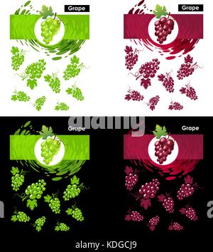 Définir l'icône étiquette de raisins fruits sur le blanc et le noir, motif raisins verts et rouges, toile de projection Illustration de Vecteur