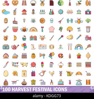 100 harvest festival icons set, cartoon style Illustration de Vecteur