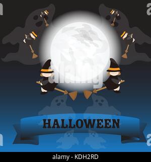 Nuit de pleine lune d'halloween ghost & background, sorcières et cartoon funny show ,peut être appliquée pour les cartes,toile,affiche ancienne, l'impression ou de papier peint. inviter. Illustration de Vecteur