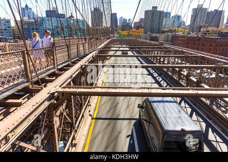 Pont de Brooklyn, New York, pour piétons et de chaussée, Manhattan, États-Unis. USA. Banque D'Images
