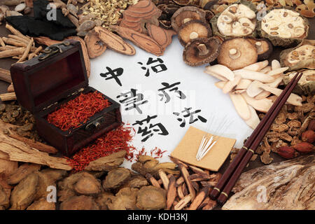 La médecine de fines herbes chinoise avec les aiguilles d'acupuncture et d'une sélection d'herbes avec le carthame dans un script calligraphie ox et en bois sur papier de riz. Banque D'Images