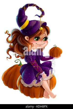 Cute little girl in costume halloween citrouille avec clip art cartoon style fond transparent Banque D'Images