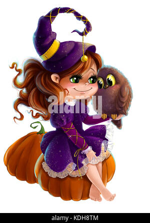 Jolie petite fille en costume d'halloween à la citrouille et owl clip art cartoon style fond transparent Banque D'Images