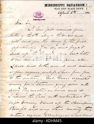 Lettre de K. R. Breese, le Mississippi, l'Escadron Flag Ship Black Hawk, à David (D.) Porter, 6 avril 1864 Banque D'Images