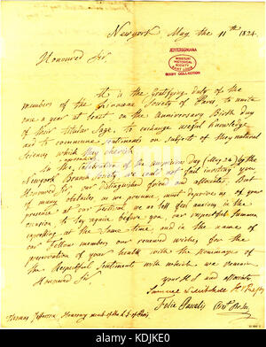 Une lettre signée par Samuel L. Mitchell et Felix Pascalis, adressée à Thomas Jefferson, troisième président des États-Unis, datée du 11 mai 1824 à New York. Banque D'Images