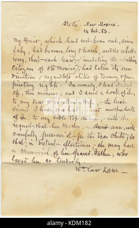 Lettre signée Wm. Carr Lane (William Carr Lane), Sta. Santa Fe (Fe), (à Marie E. Lane), Saint Louis, le 14 février 1853 Banque D'Images