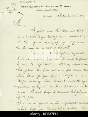 Lettre signée John B. Gray, Head Quarters, Etat du Missouri, adjudant général, Saint Louis, au gouverneur (Hamilton R. Gamble), Décembre 18, 1863 Banque D'Images