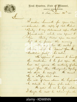 Lettre signée John B. Gray, Head Quarters, Etat du Missouri, adjudant général, Saint Louis, gouverneur de H.R. Gamble, Juin 24, 1863 Banque D'Images