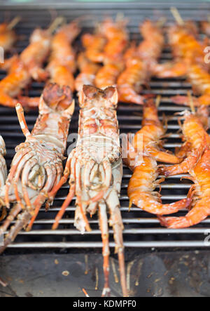 Grand frais crevettes Crevettes au barbecue en plein air Banque D'Images
