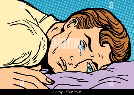 Man lying on bed, dépression douleur et de tristesse. bande dessinée cartoon retro pop art dessin vectoriel illustrator Illustration de Vecteur