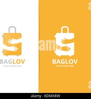 Vecteur de sac et bagages. combinaison logo mains et embrasser un symbole ou icône. valise unique et modèle de conception de logo hug. Illustration de Vecteur