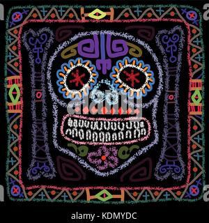 Le Jour des morts crâne en sucre coloré contemporain de style art populaire. hand drawn vector illustration. Illustration de Vecteur