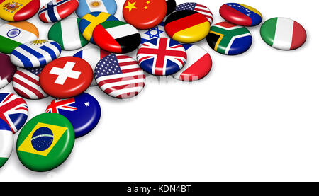 International world flags sur badges boutons 3d illustration. Banque D'Images