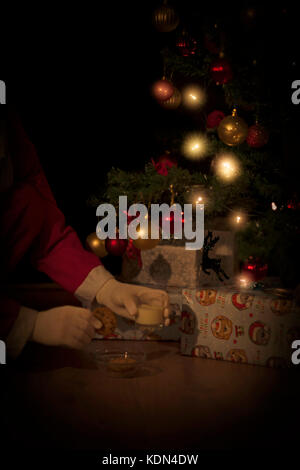 Santa cookies et prend un verre de lait laissé sous l'arbre de Noël Banque D'Images