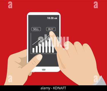 Une main tenant téléphone intelligent, et d'autres touches pour acheter à l'écran, modèle plat Illustration de Vecteur