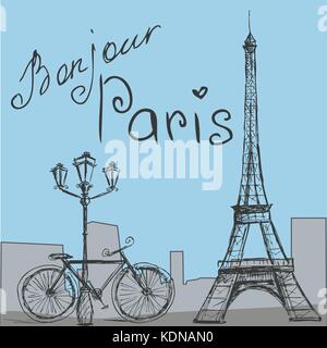 L'affiche avec la moto dans un style vintage et silhouette de la tour eiffel. vector illustration. Illustration de Vecteur