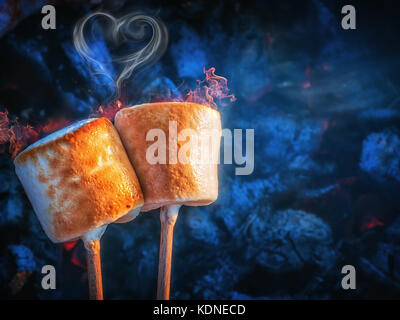 Deux brown sweet les guimauves grillées sur le feu flammes. la fumée en forme de coeur. de la guimauve en brochettes rôti sur fusains Banque D'Images