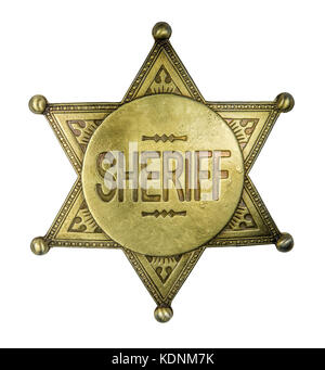 Laiton vintage retro isolés sheriff star badge sur un fond blanc Banque D'Images