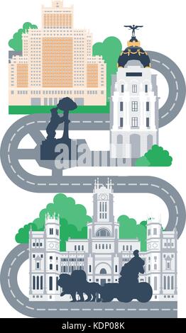 Sites touristiques de la ville de Madrid map vector illustration. L'ours et l'arbousier, cibeles Palace, Plaza España et de la gran via. Illustration de Vecteur