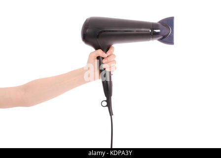 Sèche-cheveux dans woman's hand. isolé sur fond blanc Banque D'Images